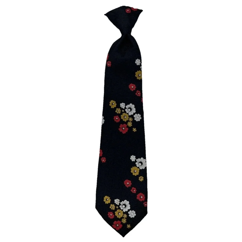 Clip On‎ Neck Tie, Black, Marigold Yellow, Ruby Red & White Flowers On Blk